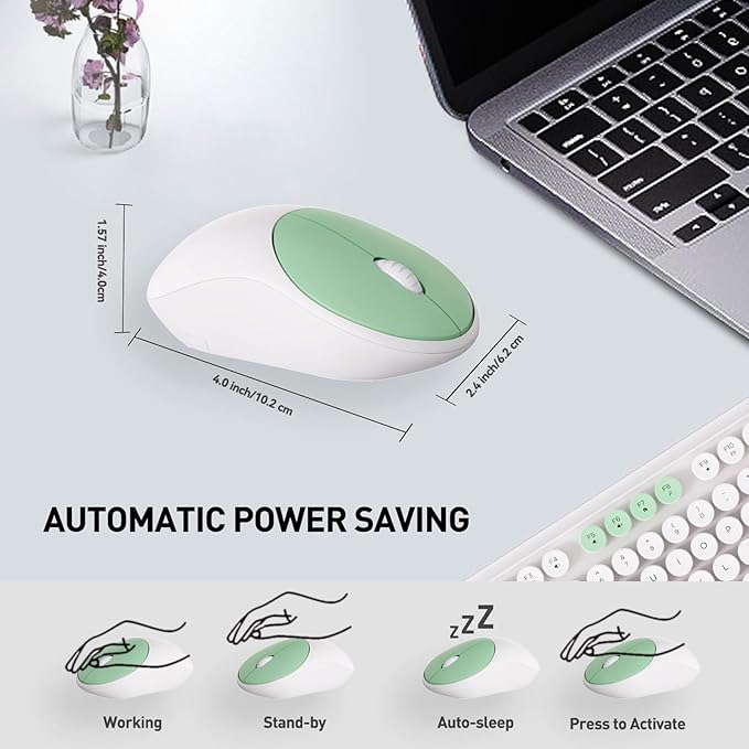 FOPETT 2.4GHz Wireless Keyboard and Mouse Set with Switch Button - Full-Size Keyboard - Compatible for Windows/Laptop/PC/Notebook/Smart TV and More - White Green