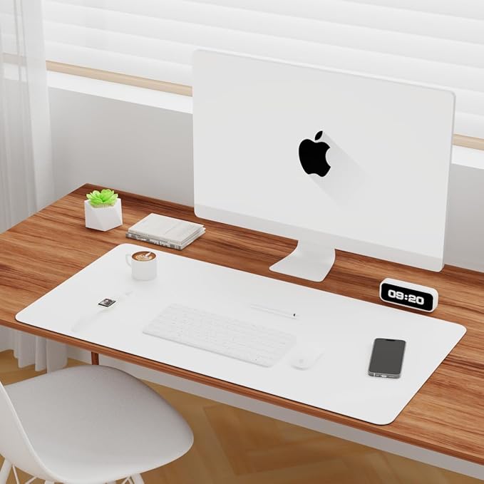 KINGFOM Desk Pad Office Desktop Protecter, PU Leather Desk Mat Blotters Organizer with Comfortable Writing Surface (47.2" x 23.6", White+Gray)