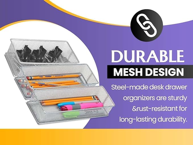 YBM HOME Silver Mesh Drawer Cabinet and or Shelf Organizer Bins, School Supply Holder Office Desktop Organizer Basket (12, 6x15x2 Inch)