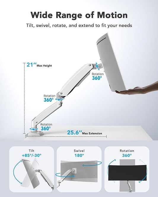HUANUO Single Monitor Arm for 40 inch Screens, Ultrawide Computer Monitor Mount Holds 26.48 lbs, Upgraded Adjustable Stand with USB, C-Clamp & Grommet Base, VESA 75x75 or 100x100mm