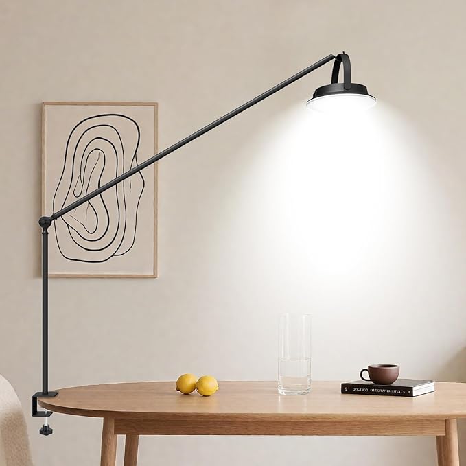 Dual-Power LED Desk Lamp with Clamp, Solar/USB Charging Desk Lamps with Metal Adjustable Swing Arm,Dimmable Eye-Caring Clip Lights with Removable Bulb for Dining/Home Office/Camping/RV Interior(Black)