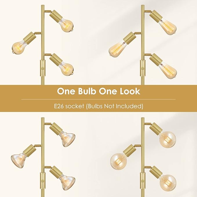 BoostArea Tree Floor Lamp, Brass Gold Industrial Floor Lamp, Modern Standing Lamp with Adjustable 3 Light, E26 Socket, Rotary Switch, Boho Stand Up Lamp Pole Lamps for Living Room, Bedroom (No Bulbs)