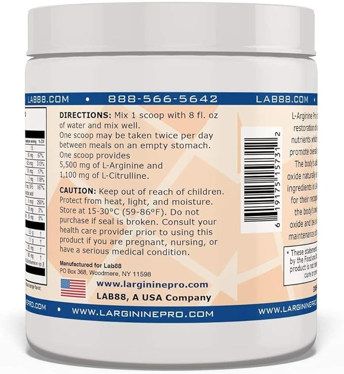 L-ARGININE PRO | 5,500mg L-Arginine Plus L-Citrulline 1,100mg Orange Powder Drink Mix Supplement for Increased Nitric Oxide Production