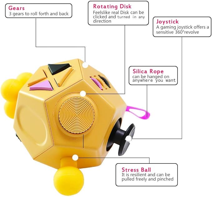 12 Sided Cube Toys,Fidget Toys Relief Stress and Anxiety Depression Anti for Kids and Adults with ADD, ADHD, OCD, Autism (Yellow, Normal)