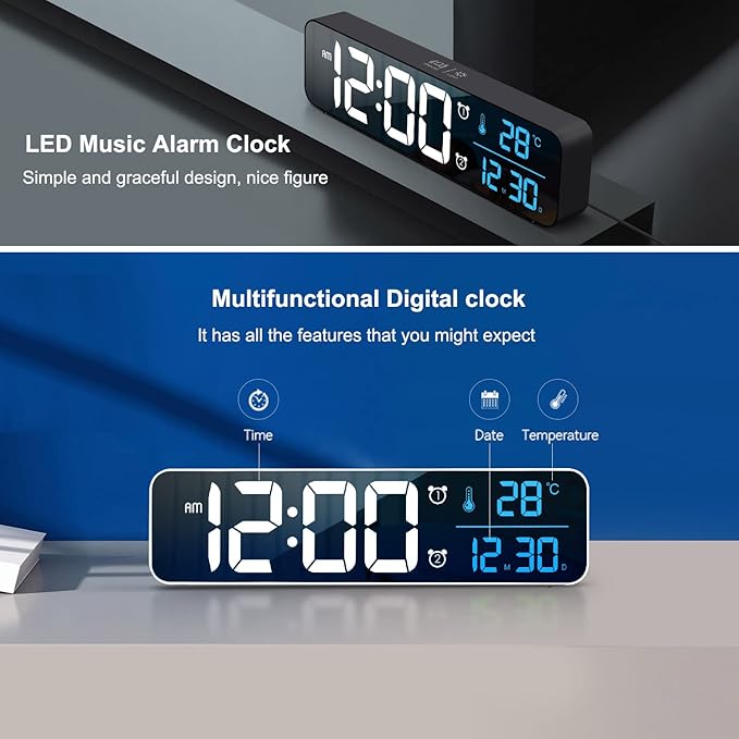 Digital Clock for Bedroom, Clocks for Living Room Decor, Desk Table Clock, Alarm Clock Large Display with Date Week Temperature, Automatic Brightness Dimmer, Smart Cool Modern (Black Blue)