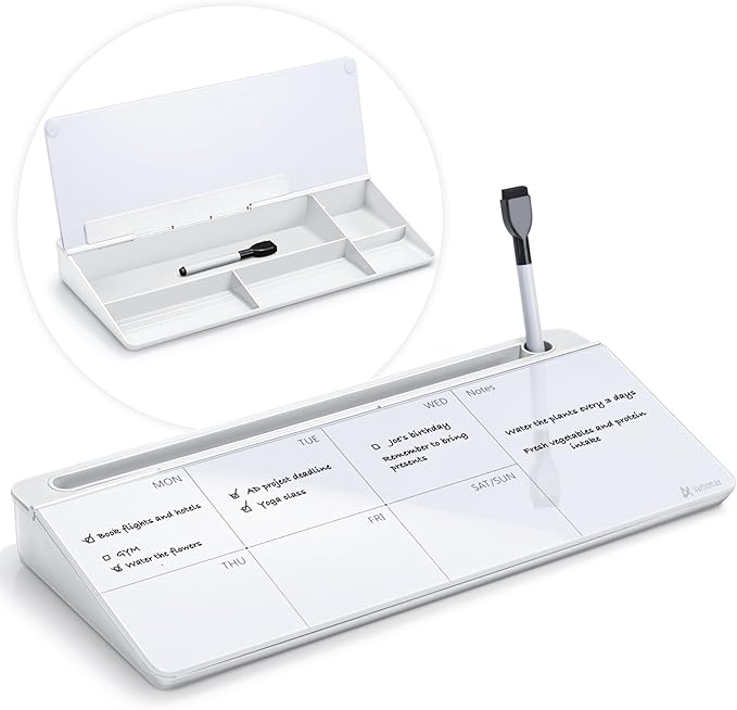 Varhomax Glass Weekly Dry Erase Desk White Board, Desktop to Do List Planner Whiteboard Calendar with Storage Caddy Memo for Home and Office, White