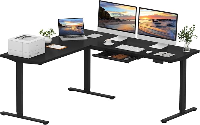 SANODESK L Shaped Electric Standing Desk with Drawer, 71 Inch Ergonomic Adjustable Height Desk with Storage, Corner Desk Sit Stand up Computer Table for Work Office Home, Black
