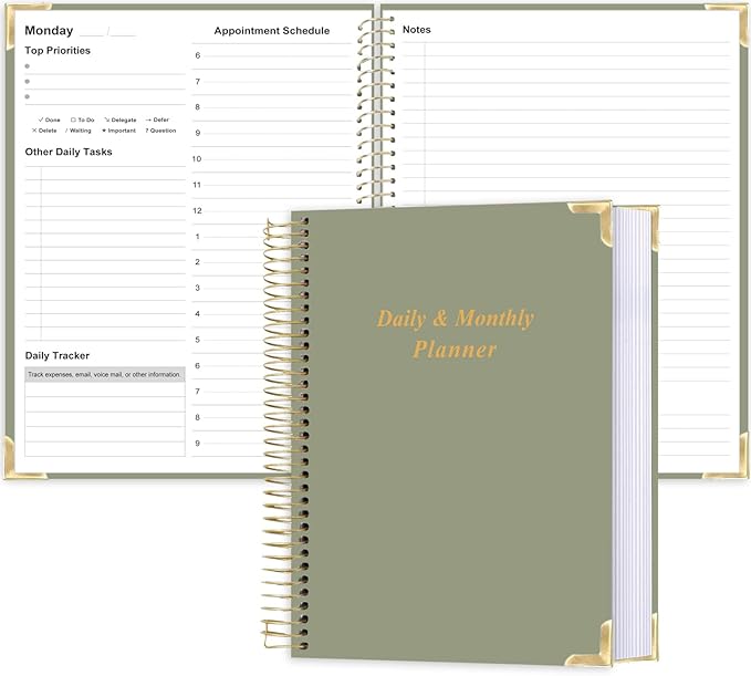 Undated Daily Monthly Planner for 2025 2026 - A4 To Do List with Hourly Schedule, Hardcover Spiral Bound Daily Planner to Increase Focus, Stylish School/Office Supplies, 8.5" x 11", Green