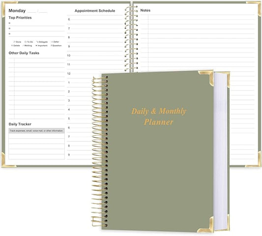 Undated Daily Monthly Planner for 2025 2026 - A4 To Do List with Hourly Schedule, Hardcover Spiral Bound Daily Planner to Increase Focus, Stylish School/Office Supplies, 8.5" x 11", Green