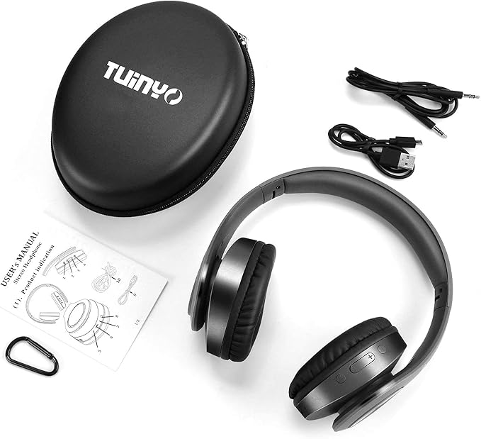 TUINYO Bluetooth Headphones Wireless, Over Ear Stereo Wireles Headset 40H Playtime with deep bass, Soft Memory-Protein Earmuffs, Built-in Mic Wired Mode PC/Cell Phones/TV-Dark Grey …