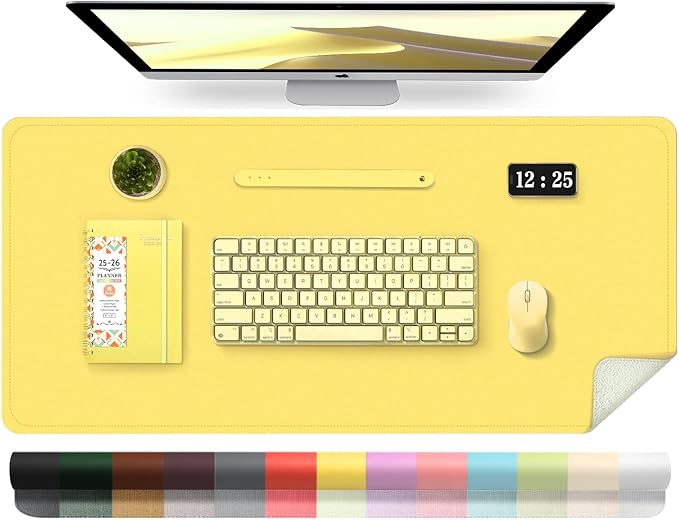 Leather Desk Pad Protector, 39.4'' X 17'' Large Mouse Pad, Office Desk Mat, Non-Slip PU Leather & Suede Base Desk Blotter, Laptop Desk Pad, Desktop Mat for Office Home, Yellow