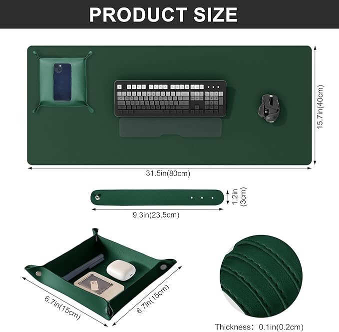 DAWNTREES Dual Sided Desk Mat,Leather Desk Pad,Cork Desk Mat Protector,with PU Leather Valet Tray Organizer,Large Mouse Pad,Desk Writing Pad for Office and Home(Dark Green 31.5"x15.8")