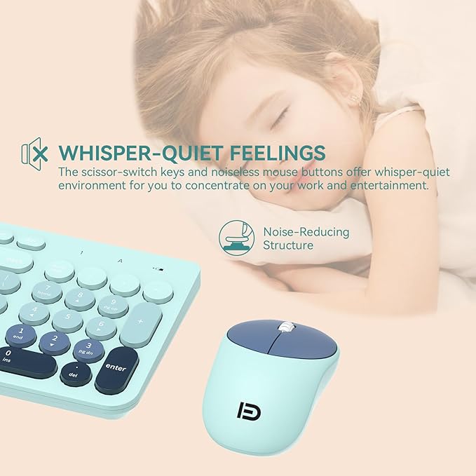Wireless Keyboards Mouse Combos, Colorful Cute Typewriter Full-Size Retro Round Keycaps, 2.4GHz Cordless Connection Sleep Mode Office Wireless Keyboard and Mouse Set for Desktop Laptop PC Computer