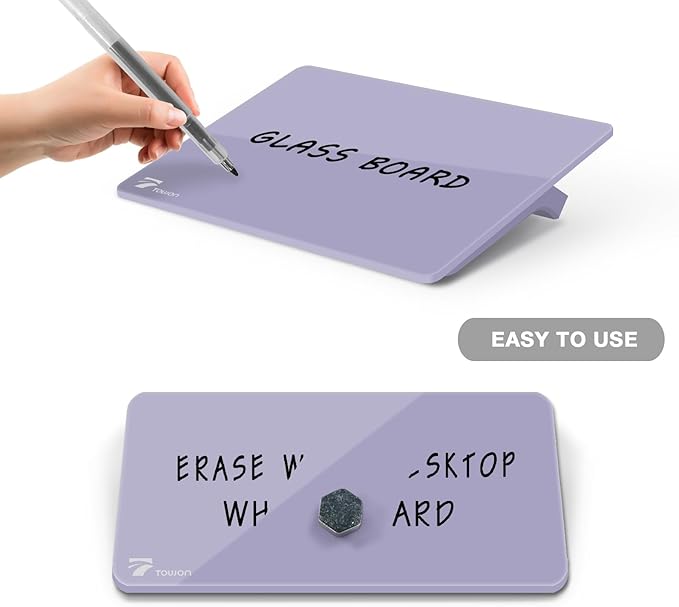 TOWON Small Glass Dry Erase Board, Desk White Board with Standing, Mini Whiteboard Easel Pad Set, Stenography Artifact for Office, Home and School Supplies, 8 x 6 Inches, Purple