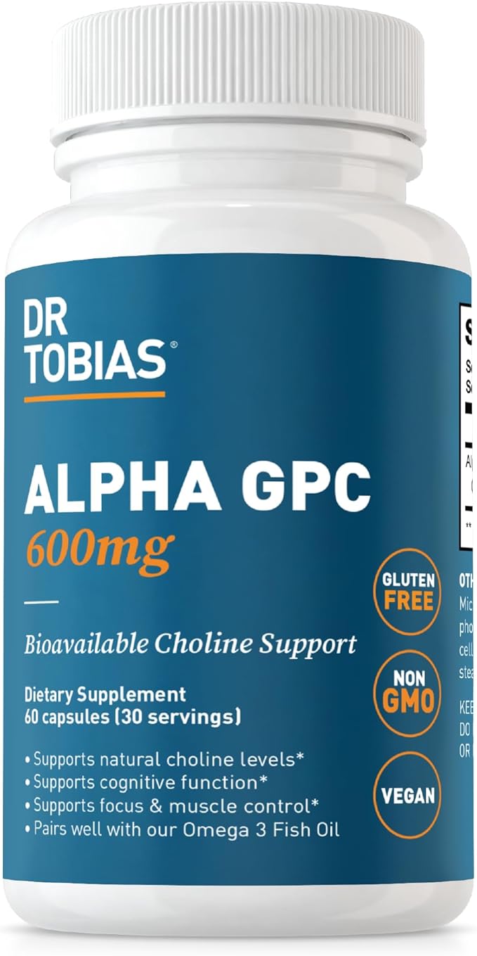 Dr. Tobias Alpha GPC 600mg Per Serving - Bioavailable Choline Supplements for Brain, Memory and Focus - Premium Nootropic Alpha GPC Choline Supplement, Vegan, Non-GMO, 60 Capsules, 30 Servings