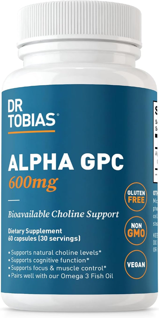 Dr. Tobias Alpha GPC 600mg Per Serving - Bioavailable Choline Supplements for Brain, Memory and Focus - Premium Nootropic Alpha GPC Choline Supplement, Vegan, Non-GMO, 60 Capsules, 30 Servings