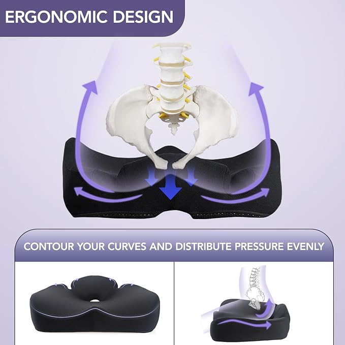 Ergonomic Memory Foam Seat Cushion for Tailbone Pain Relief –Office Chair Cushion for Coccyx, Sciatica & Pressure Relief –Large Chair Cushions for Car Seat, Wheelchair – Washable Non-Slip Cover