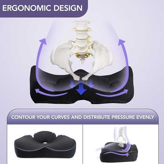 Ergonomic Memory Foam Seat Cushion for Tailbone Pain Relief –Office Chair Cushion for Coccyx, Sciatica & Pressure Relief –Large Chair Cushions for Car Seat, Wheelchair – Washable Non-Slip Cover