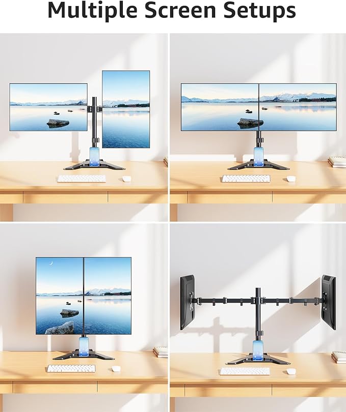MOUNTUP Dual Monitor Stand - Freestanding & Height Adjustable Monitor Desk Mount, Steady VESA Mount Holds Max 17.6 lbs, Computer Monitor Stand for 2 Screens up to 27 inches, MU1002
