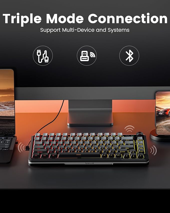 Redragon Wireless Mechanical Keyboard, Gasket RGB Gaming Keyboard with Screen & Knob, 3-Modes (Bluetooth/2.4G/Wired) 81 Custom Keys, Thick Pre-Lubed Linear Switch, Side Printed PBT Keycaps, K708GG-Pro