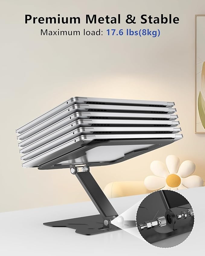 Adjustable Laptop Stand for Desk, Metal Foldable Laptop Riser, Portable Laptop Holder Mount, Ventilated Cooling Computer Notebook Stand for MacBook Air Pro, All 10-16'' Notebooks Laptops, Black