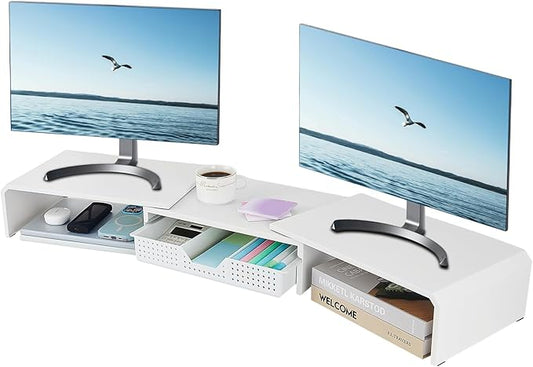 Dual Monitor Stand Riser with Drawer, Desk Organizer and Accessories, Metal Laptop Stand for Desk, Workspace Desktop Stand for Computer, Laptop, TV and More (White)