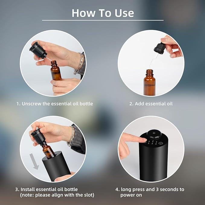 Waterless Essential Oil Diffuser Battery Operated Cordless Aromatherapy Diffuser with Timing & 3 Mist Levels car Diffuser，Black Aluminum Alloy (E10-2A)