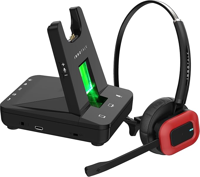 INNOTALK Office Wireless Headset for Connecting 3 Devices: Desk Phone, PC Phone, and Bluetooth Device, 300 Ft. Long Range Wireless