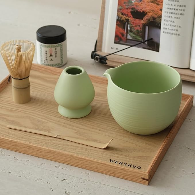 Matcha Whisk Set, Ceramic Matcha Bowl & Whisk Holder, Bamboo Accessory, Modern Design (Mint Green, Pouring Spout)