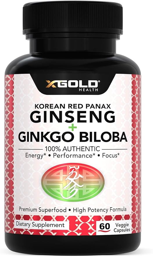 Korean Red Panax Ginseng 1200mg + Ginkgo Biloba - Extra Strength Root Extract Powder Supplement w/High Ginsenosides Vegan Capsules for Energy, Performance & Focus - Supplement for Men & Women
