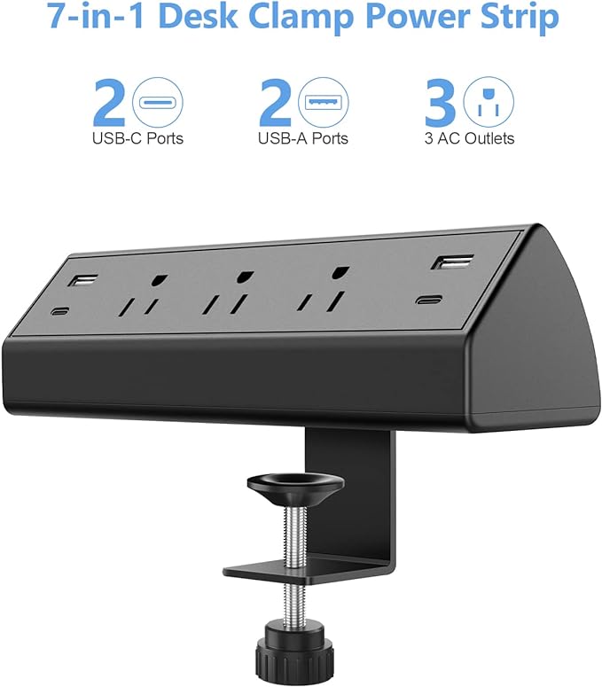 Desk Clamp Power Strip,40W Fast Charging Station,Desktop Mount Surge Protector,2 PD 20W USB C Ports,3 Outlets for Home,Office,Fit 1.9" Tabletop Edge (Black, 3 Outlets & 4 USB Ports & 10 FT Cable)