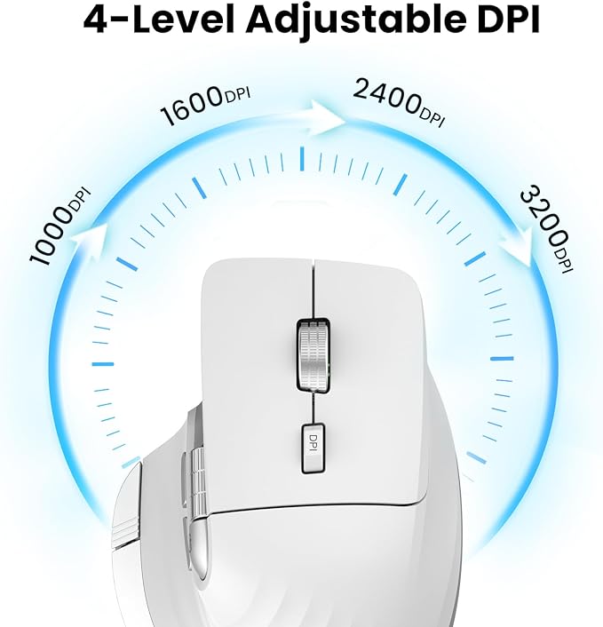 Wireless Bluetooth Mouse, Ergonomic Rechargeable Silent Mouse with Multi-Device, Adjustable DPI, Flying Scroll & Thumb Wheel, Bluetooth Mice for Laptop, Computer, Tablet, Smartphone (White)