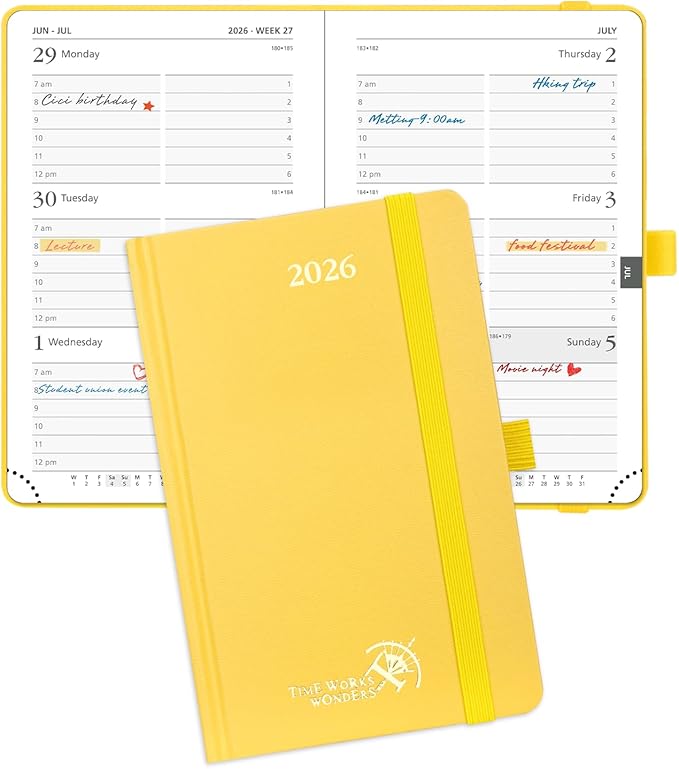 POPRUN 2026 Planner (Pocket Size 4''x 6.25'' Hardcover) - Small Calendar for Purse with Hourly Schedule & Vertical Weekly Layout, Monthly Calendars, 100 GSM - Light Yellow