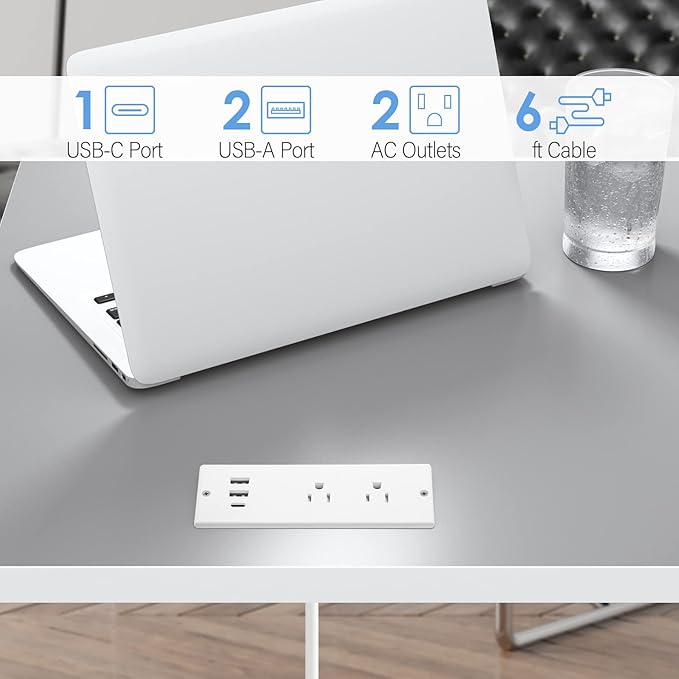 Jgstkcity 20W USB C Recessed Power Strip,Surge Protector Waterproof,Furniture Desk Power Outlet,2 Outlets and and USB C Charging,Suitable for Side Table,Flat Plug,6ft Cable White