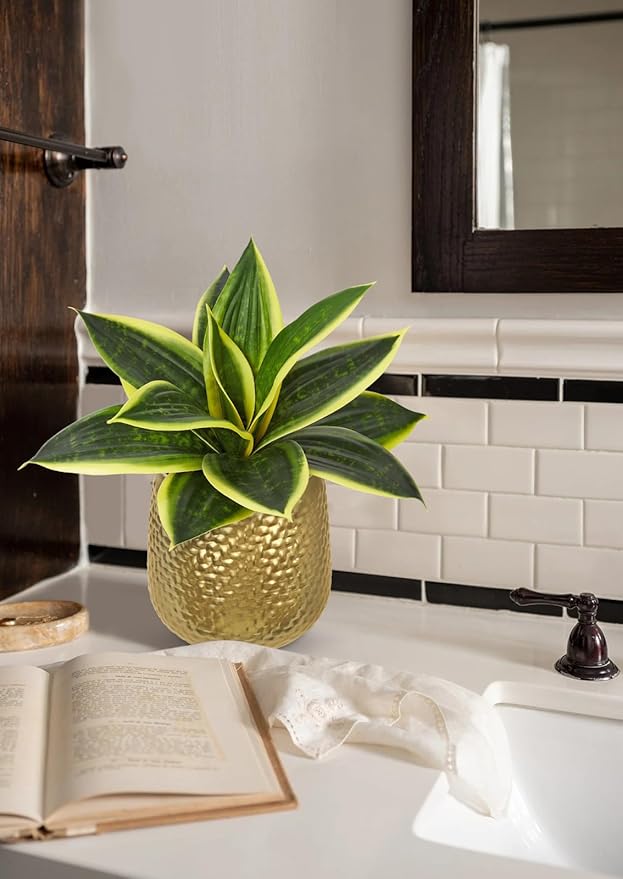 Hollyone Artificial Snake Plants 9" Faux Agave Succulent Plant Potted in Gold Metal Pot Fake Sansevieria Aloe Tropical Plant for Desk Modern Office Home Bathroom Indoor Outdoor Decor