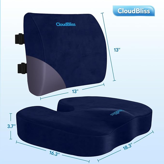 CloudBliss Seat Cushion,Office Chair Cushion,Car Seat Cushion,Lumbar Support Pillow for Office Chair,Back Support Memory Foam Pillow Coccyx Cushion for Tailbone Pain&Sciatica Pain Relief,Blue, X-Large