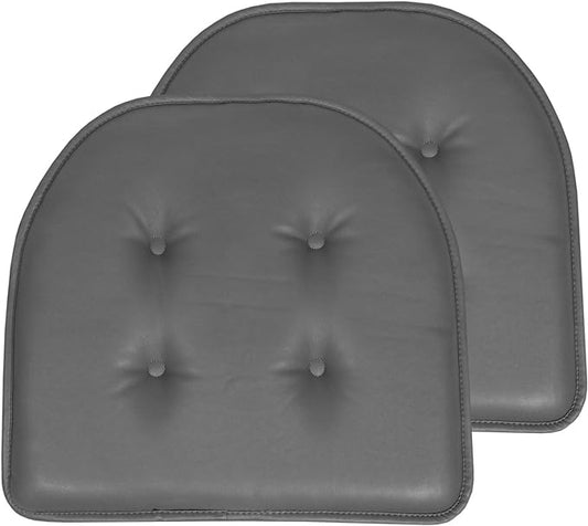 Sweet Home Collection Chair Cushion Memory Foam Pads Tufted Slip Non Skid Rubber Back U-Shaped 17" x 16" Seat Cover, 2 Count (Pack of 1), Faux Leather Gray