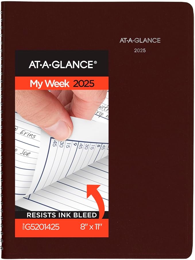 AT-A-GLANCE 2025 Appointment Book Planner, Weekly, 8" x 11", Large, Quarter-Hourly, DayMinder, Burgundy (G5201425)