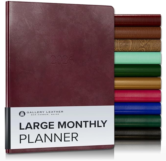 Gallery Leather Large Monthly Planner 2025-2026, Elegantly Bound Calendar Planner and Notebook with Stylish Gold-Gilded Page Edges, 18 Months - Acadia Burgundy - 9.75x7.5"
