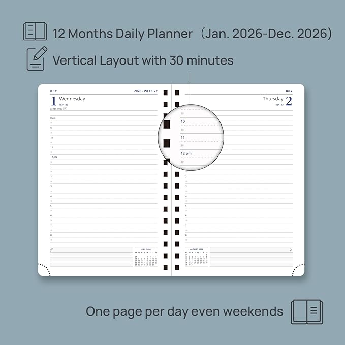 POPRUN 2026 Daily Planner One Page per Day (Medium 6'' x 8.5'') - 12 Months Calendar Appointment Book with Hourly Slots, Inner Pocket, Monthly Tabs, Pen Holder - Brown