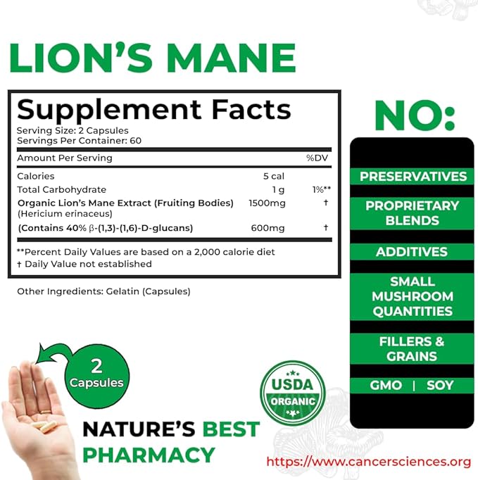 Cancer Sciences Organic Lions Mane Mushroom Supplement Capsules for Men & Women - 1,500mg Brain Supplements for Memory & Focus - High Potency 40% Beta-Glucans - Nootropic Mushroom Complex, 120 Count