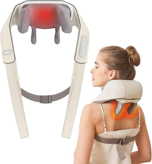 Neck Massager for Pain Relief deep Tissue Relieves Tension Kneading Massager with Heat Improves Circulation Eases Muscle Soreness,Ideal Gifts(Beige)