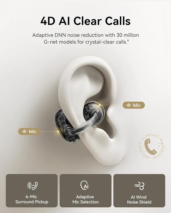 Baseus Bowie MC1 Pro Open Ear Clip-On Headphones, Hi-Res LDAC & HiFi4 Acoustic Sound, 5g Ultra-Lightweight Comfort, SuperBass 2.0, DNN 4-Mic AI Clear Calls, IP67 Waterproof, Bluetooth 6.0 (Titanium)