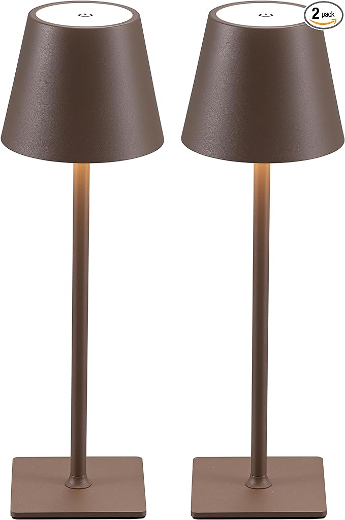 KDG 2 Pack Cordless Table Lamp,Portable LED Desk Lamp, 4000mAh Battery Operated, 3 Color Stepless Dimming Up, for Restaurant/Bedroom/Bars/Outdoor Party/Camping/Coffee Shop Night Light(Brown)