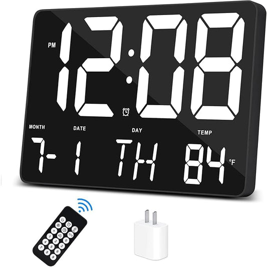 Amgico Digital Alarm Clock with Snooze, Temperature, Auto Dimming, 11.5" Large Display Calendar, Desk/Wall Clock for Bedroom, Living Room, Office, Home, Classroom, Kids, Elderly - White