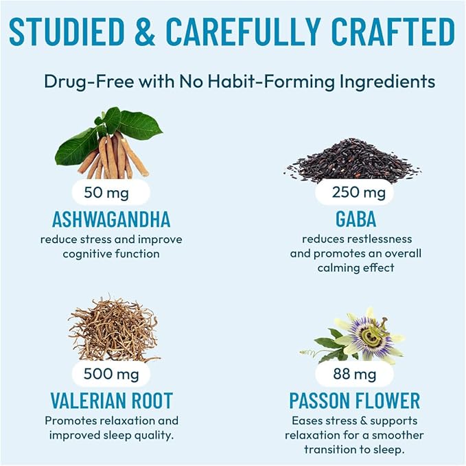Stress Relief Supplement - Supports Mood & Mental Focus - Feel Calm and Relaxed - Eases Tension & Nervousness - Ashwagandha, GABA, Valerian & L-Theanine - 60 Capsules