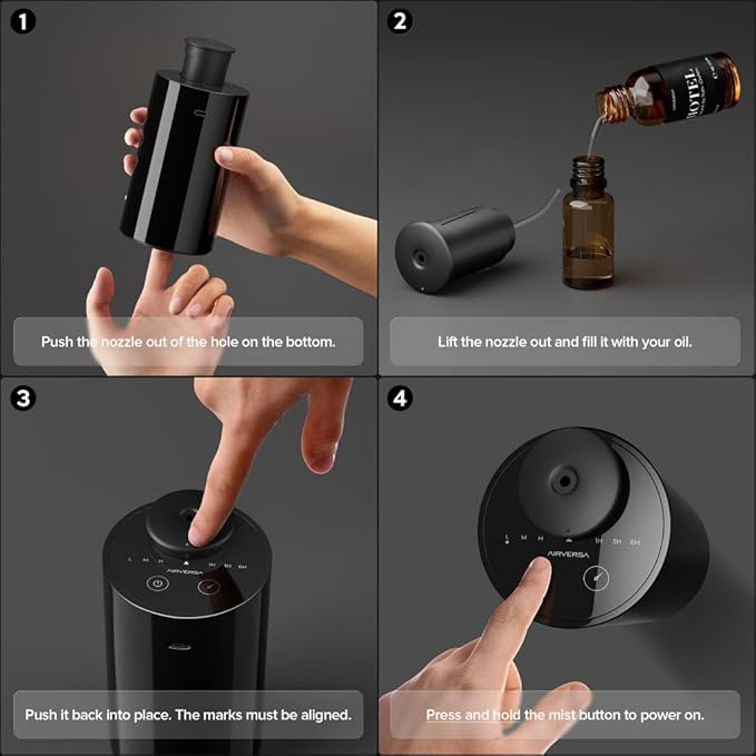 Waterless Essential Oil Diffuser Starter Kit with 4 x 10mL Fragrance Scent Oil, Battery Operated Mini Scent Air Machine Portable Diffuser for Home Car Office, AN6 White Kit01