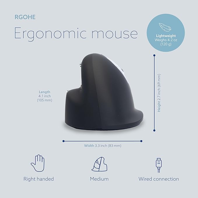 R-Go HE Ergonomic Mouse, with Break Software, USB-C Wired (with USB A Converter), Vertical Design, Anti Carpal Tunnel, Silent Click, Customisable Buttons, Compatible for Windows/MacOS, Black/Silver