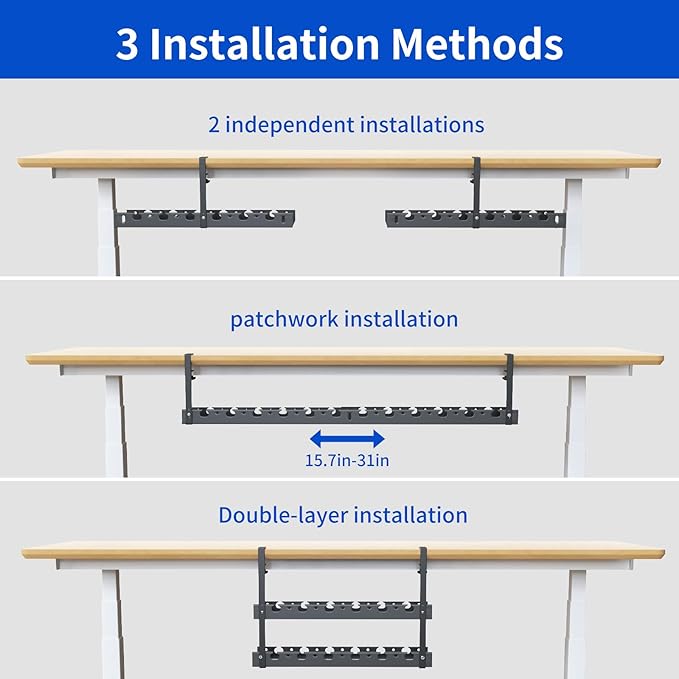 WIGAKDRU 31Inch Extendable Under Desk Cable Management Tray Multi-Model Metal Cable Management Tray Under Desk Cord Management with Clamp Power Strip Cord Holder for Wire Cable Management