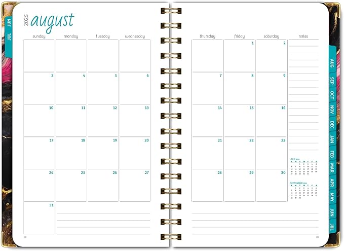 HARDCOVER Academic Year 2025-2026 Planner: (June 2025 Through July 2026) 5.5"x8" Daily Weekly Monthly Planner Yearly Agenda. Bookmark, Pocket Folder and Sticky Note Set (Dark Gold Marble)
